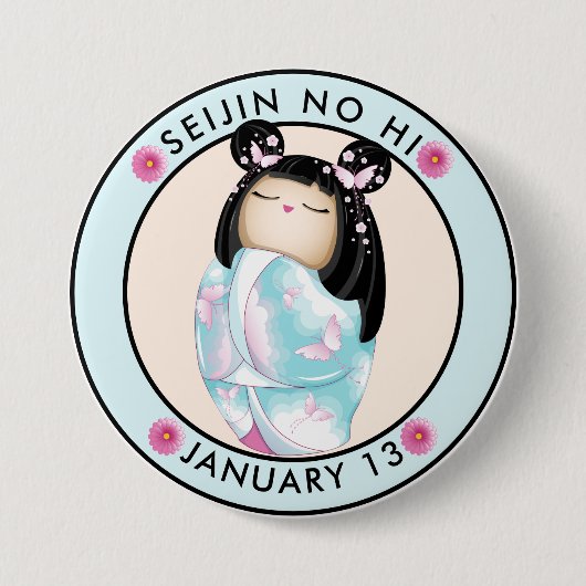 精進の日こけしの女の蝶 缶バッジ (正面)