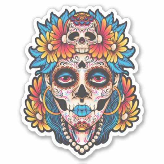 糖カラフルスカルイラストレーションデザイン シール (正面)