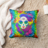 [糖サイケデリックスカル]フラクタルタイ染料カラベラ クッション (ブランケット)
