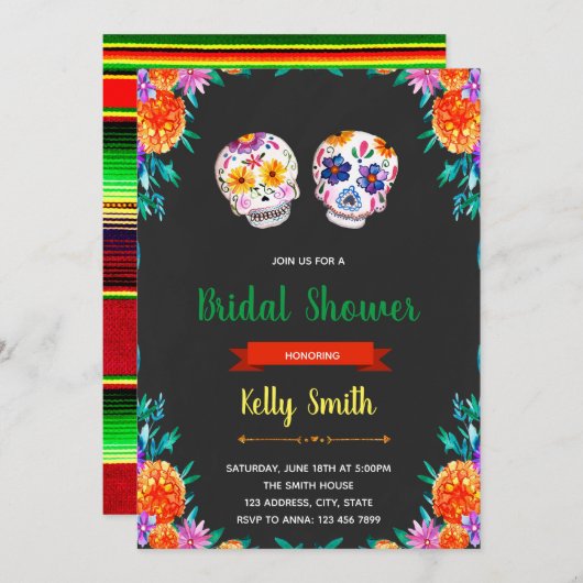 糖スカルブライダルシャワーパーティの招待状 招待状 (正面/裏面)