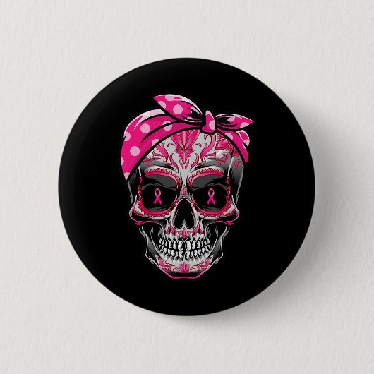 糖スカル乳がん認識度ピンクリボンCa 缶バッジ (正面)