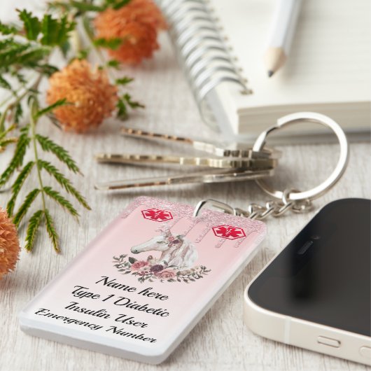 糖尿病性の花のユニコーンの医学の注意深いタイプ1か2 キーホルダー (正面右)