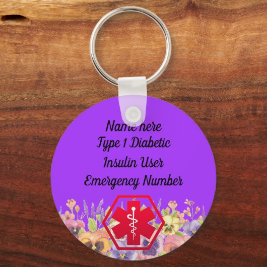 糖尿病性フローラパーソナライズされた警告タイプ1または2 キーホルダー (正面)