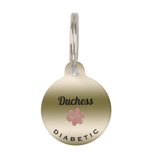糖尿病性医療警告ポープリント電話金ゴールドペットID ペット　ネームタグ (正面)
