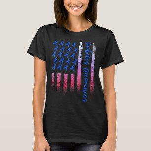 糖尿病認識度ブルーリボン米国アメリカ国旗D Tシャツ