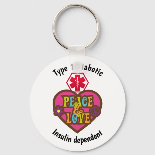 糖尿病警告タイプ1または2のパーソナライズハート キーホルダー (正面)