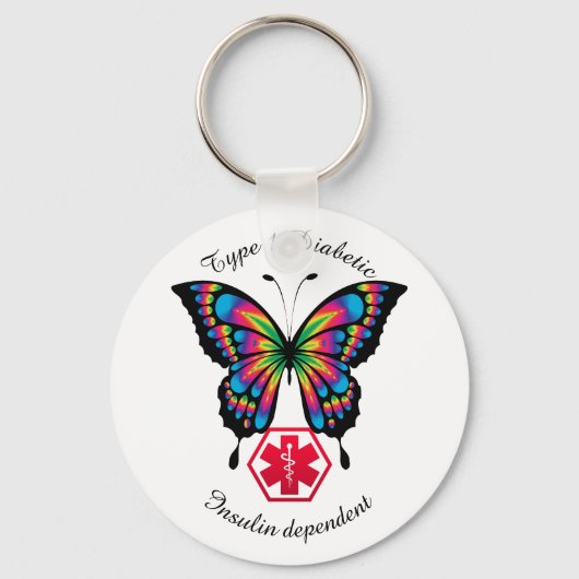 糖尿病警告タイプ1または2の個人用蝶 キーホルダー (正面)