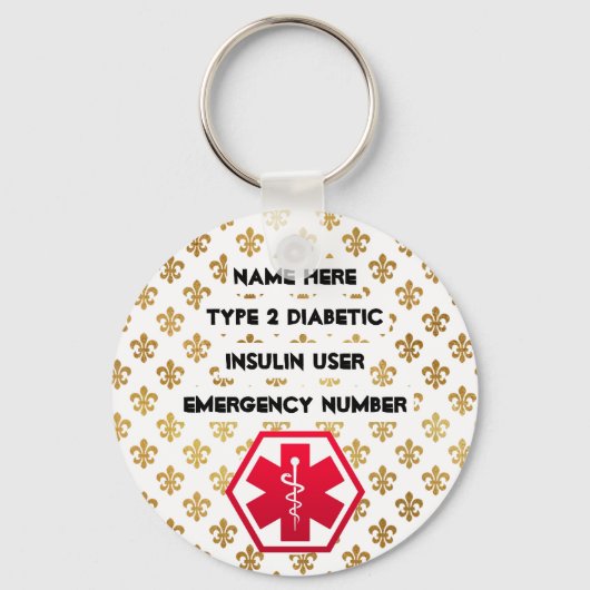 糖尿病警告パーソナライズされたタイプ1または2 キーホルダー (正面)