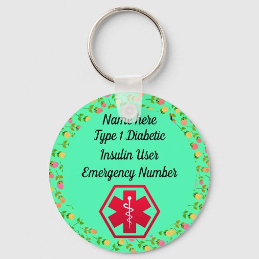 糖尿病警告パーソナライズされたタイプ1または2 キーホルダー (正面)