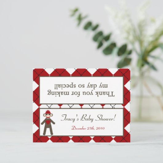 糖菓のバッグの上層の赤いソックス猿のアーガイル インビテーションポストカード (スタンド正面)