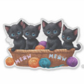 糸でバスケットに入れた黒い子猫 シール (正面)