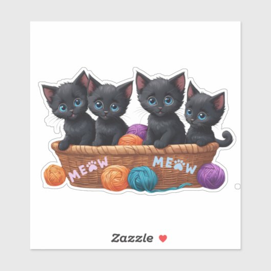 糸でバスケットに入れた黒い子猫 シール (シート)