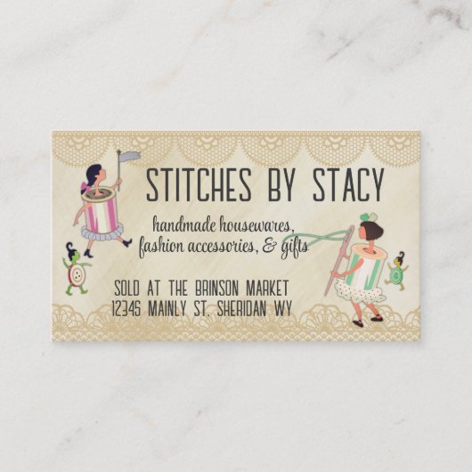 糸とボタンの人々のスプールレース裁縫カード 名刺 (正面)