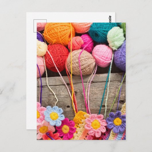 糸と花のカラフルかぎ針編み ポストカード (正面/裏面)