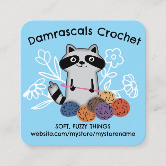 糸のかわいいタヌキのクロシェ針玉 スクエア名刺 (正面)
