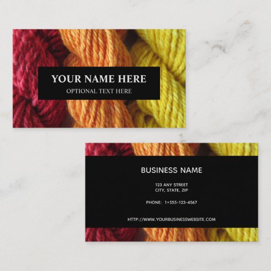 糸の編み物手紡ぎで赤橙黄色の写真 名刺 (正面/裏面)