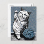 糸の遊玉でリノカットの子猫 ポストカード (正面/裏面)
