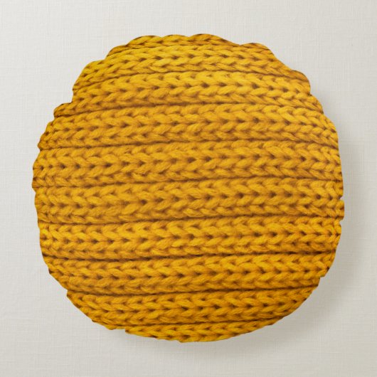 糸の黄色い編地の模様。 ラウンドクッション (正面)