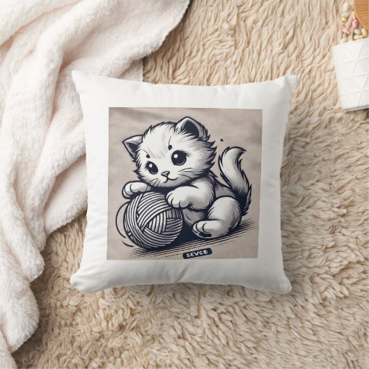 糸よくはしゃぐ付きキットン – かわいいインクアート クッション (ブランケット)