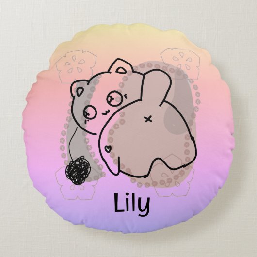 糸パーソナライズされたよくはしゃぐ付き猫 ラウンドクッション (正面)