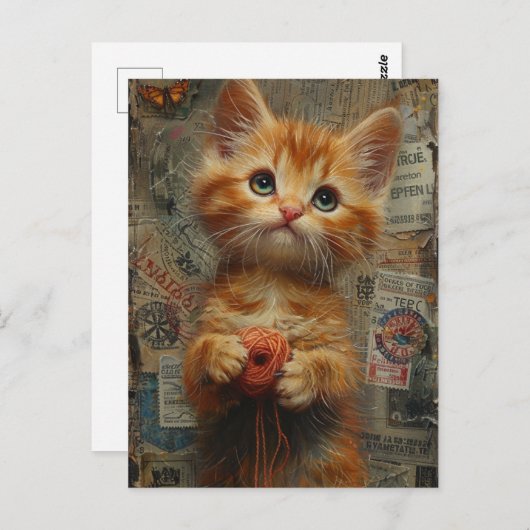 糸丁子付き愛らしいジンジャーキットン ポストカード (正面/裏面)