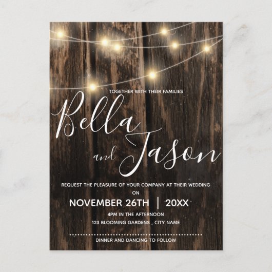 糸灯付素朴き木材結婚式招待状 インビテーションポストカード (正面)