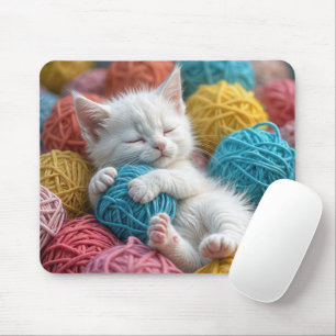 糸玉で眠る白い子猫 マウスパッド