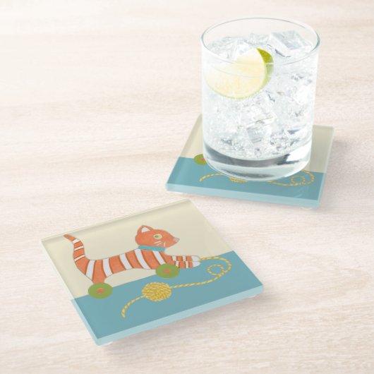 糸玉ストライプの付き玩具猫 ガラスコースター (アングル)