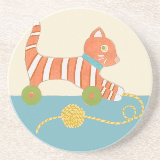 糸玉ストライプの付き玩具猫 コースター (正面)