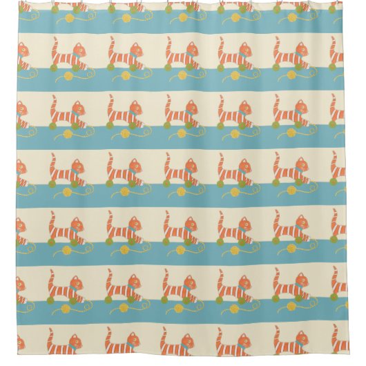 糸玉ストライプの付き玩具猫 シャワーカーテン (正面)