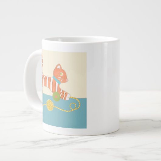 糸玉ストライプの付き玩具猫 ジャンボコーヒーマグカップ (正面左)