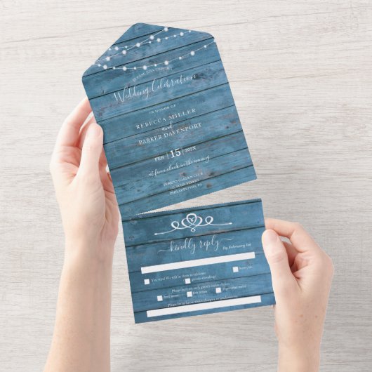 糸素朴は青い木結婚を一つ一つ照らす オールインワン招待状 (貼ってはがせる)