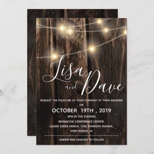 糸素朴灯付き結婚木材 招待状 (正面/裏面)