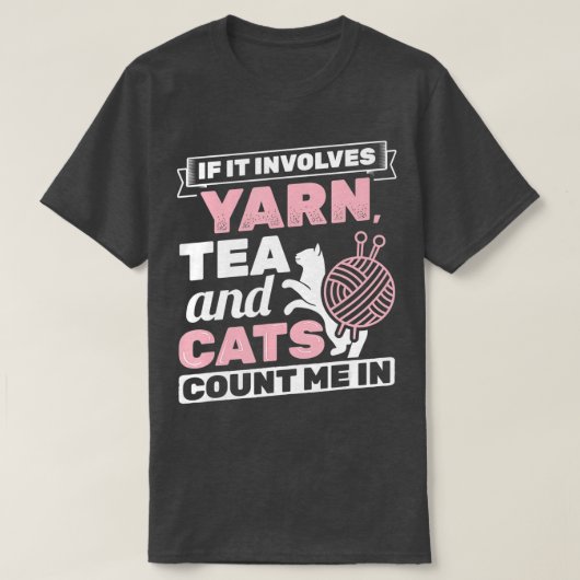 糸茶もし猫ニッター編み物Crocを含む Tシャツ (デザイン正面)