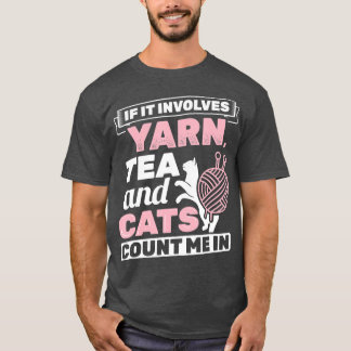 糸茶もし猫ニッター編み物Crocを含む Tシャツ