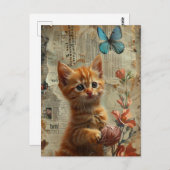 糸青色の蝶で愛らしいジンジャーキットン ポストカード (正面/裏面)