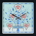 系譜のカスタム5の写真のコラージュの冬フロスト スクエア壁時計<br><div class="desc">このかわいらしく、雪が多いテンプレートのデザインのあなた自身の名前入りな5写真のコラージュの正方形の時計を作って下さい。 この柱時計は白、青および灰色の霜の降りたな色合いで白い雪との美しい、曲線の冬の木のイメージ、凍結する青空および葉を備えています。 それはすべての軽く織り目加工です。

印は容易なテンプレートを使用してあなたの姓を加えることができる木の前に坐ります。 サンプル写真のそれぞれを、余りに"変えて下さいあなた専有物に"。 "ハート形フレーム(TIPの写真をサイズ調整をするか、または動かすことのようなより詳しい変更を、行なうためにそれを"カスタマイズ: 写真の仕事のベストを平方して下さい)。 

小さい長方形の青い正方形フレームの形は時間を告げます。

この写真のコラージュの時計は家族を表示するか、または冬季の記憶を結婚するために美しいです。</div>