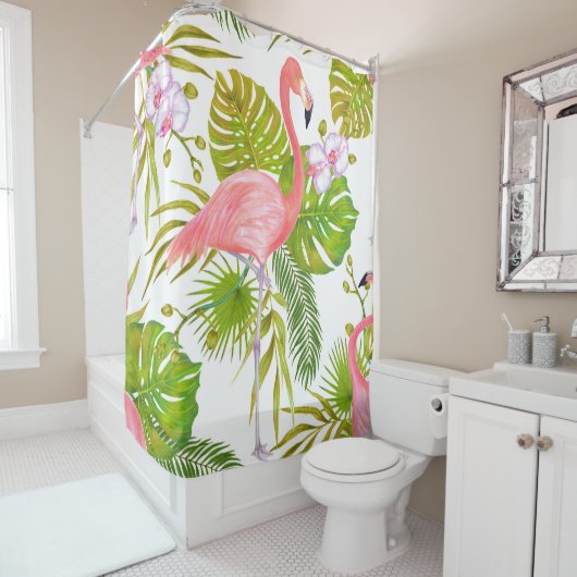 紅フラミンゴの水彩イラストレーション シャワーカーテン (インサイチュ)