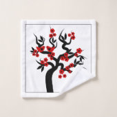 紅恋鳥さくらんぼの木、花は縁ど黒い バスタオルセット (ウォッシュタオル)