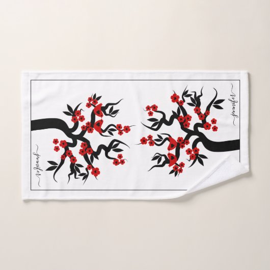 紅恋鳥さくらんぼの木、花は縁ど黒い バスタオルセット (ハンドタオル)