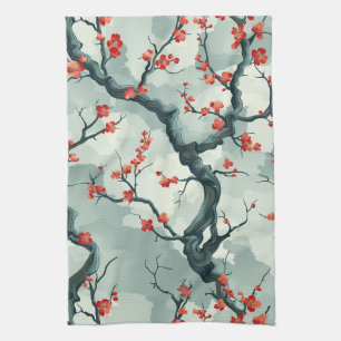 紅梅のセージグリーン水墨画パターン キッチンタオル