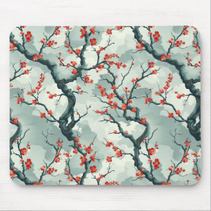 紅梅のセージグリーン水墨画模様 マウスパッド