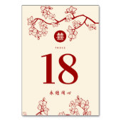 紅梅桃の花 双喜 囍 ウェディング テーブルナンバー (正面)
