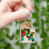 紅椿に水色の緑の花 キーホルダー (手)