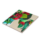 紅椿に水色の緑の花 タイル (側面)