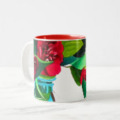 紅椿に水色の緑の花 ツートーンマグカップ (正面左)