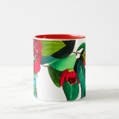 紅椿に水色の緑の花 ツートーンマグカップ (中央)