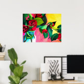 紅椿に水色の緑の花 ポスター (ホームオフィス)