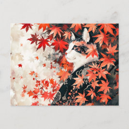 紅楓の下の白黒の芸者離れ猫 ポストカード