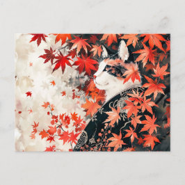 紅楓の下の白黒の芸者離れ猫 ポストカード